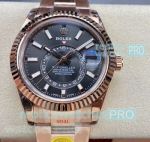 NOOB Factory Replica Rolex Sky-Dweller Gloss Black Dial Rose Gold Fluted Bezel 42MM Watch